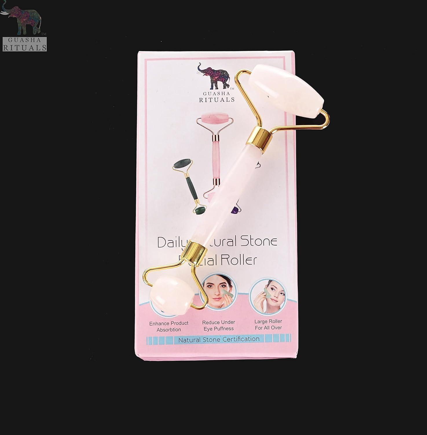 Natural Certified Rose Quartz Facial Roller and Gua Sha Set for Spa
