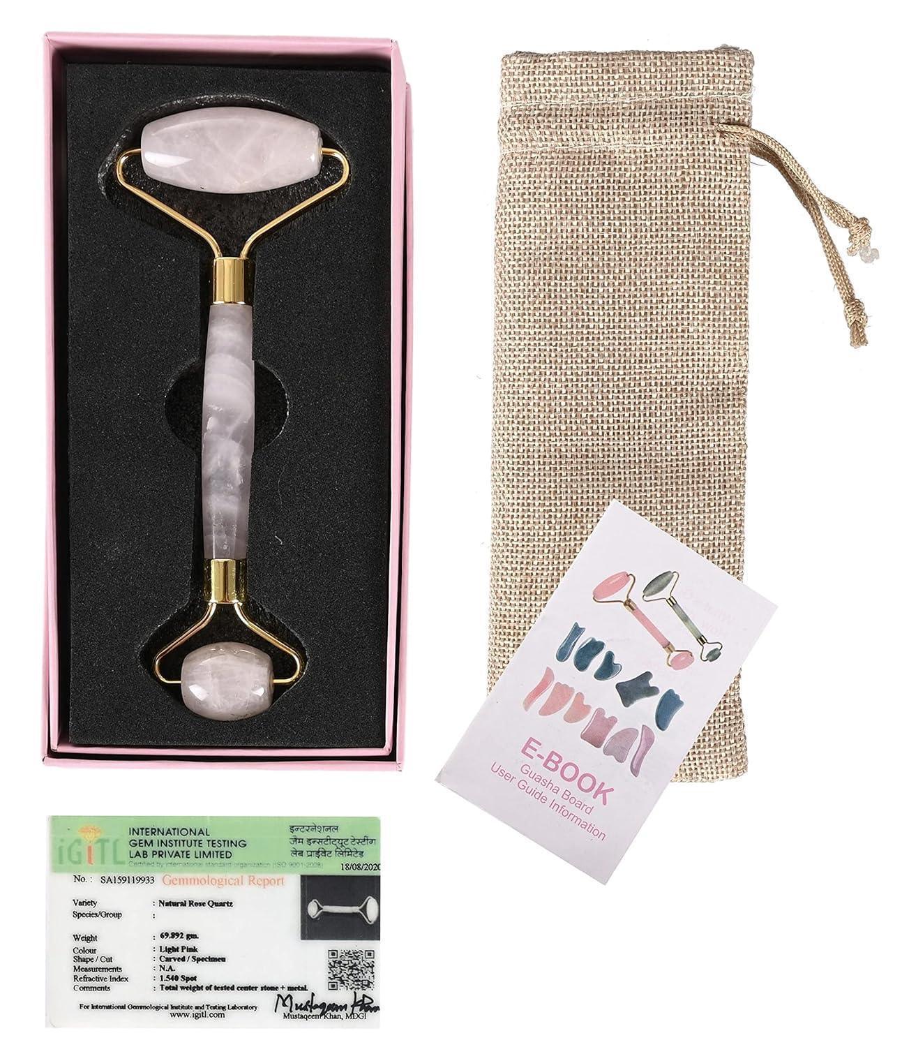 Natural Certified Rose Quartz Facial Roller and Gua Sha Set for Spa