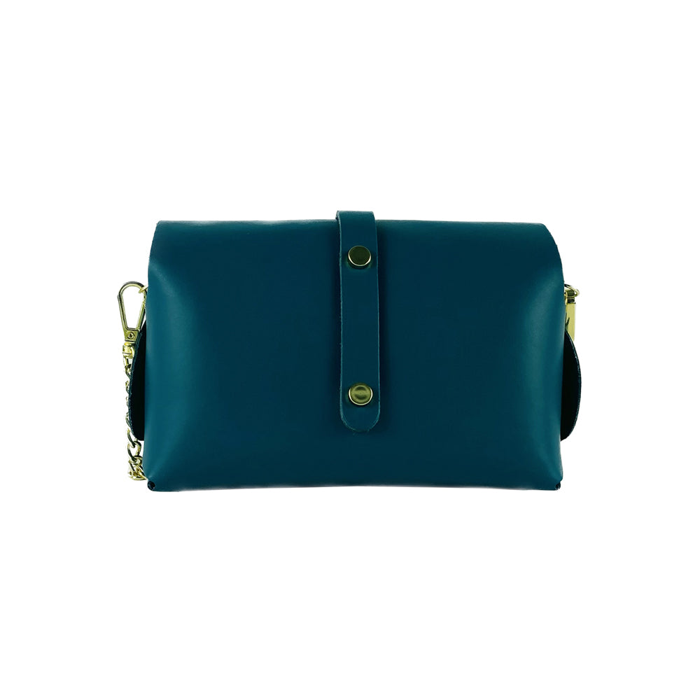Borsa Piccola in Vera Pelle Made in Italy con Tracollina removibile e passante di chiusura in metallo Oro Lucido - Colore Ottanio - Dimensioni: cm 16,5 x 11 x 8