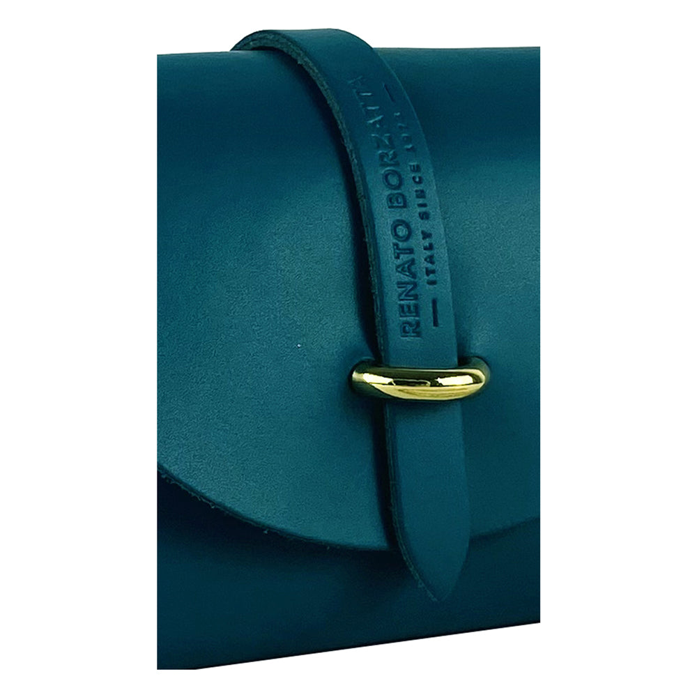 Borsa Piccola in Vera Pelle Made in Italy con Tracollina removibile e passante di chiusura in metallo Oro Lucido - Colore Ottanio - Dimensioni: cm 16,5 x 11 x 8