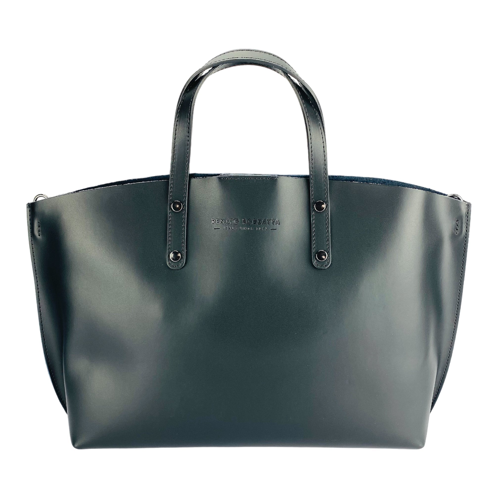 Borsa Donna a Mano in Vera Pelle Made in Italy con tracolla removibile. Sacca grande interna estraibile. Accessori Canna di Fucile Lucido - Colore Nero - Dimensioni: cm 48x31x11