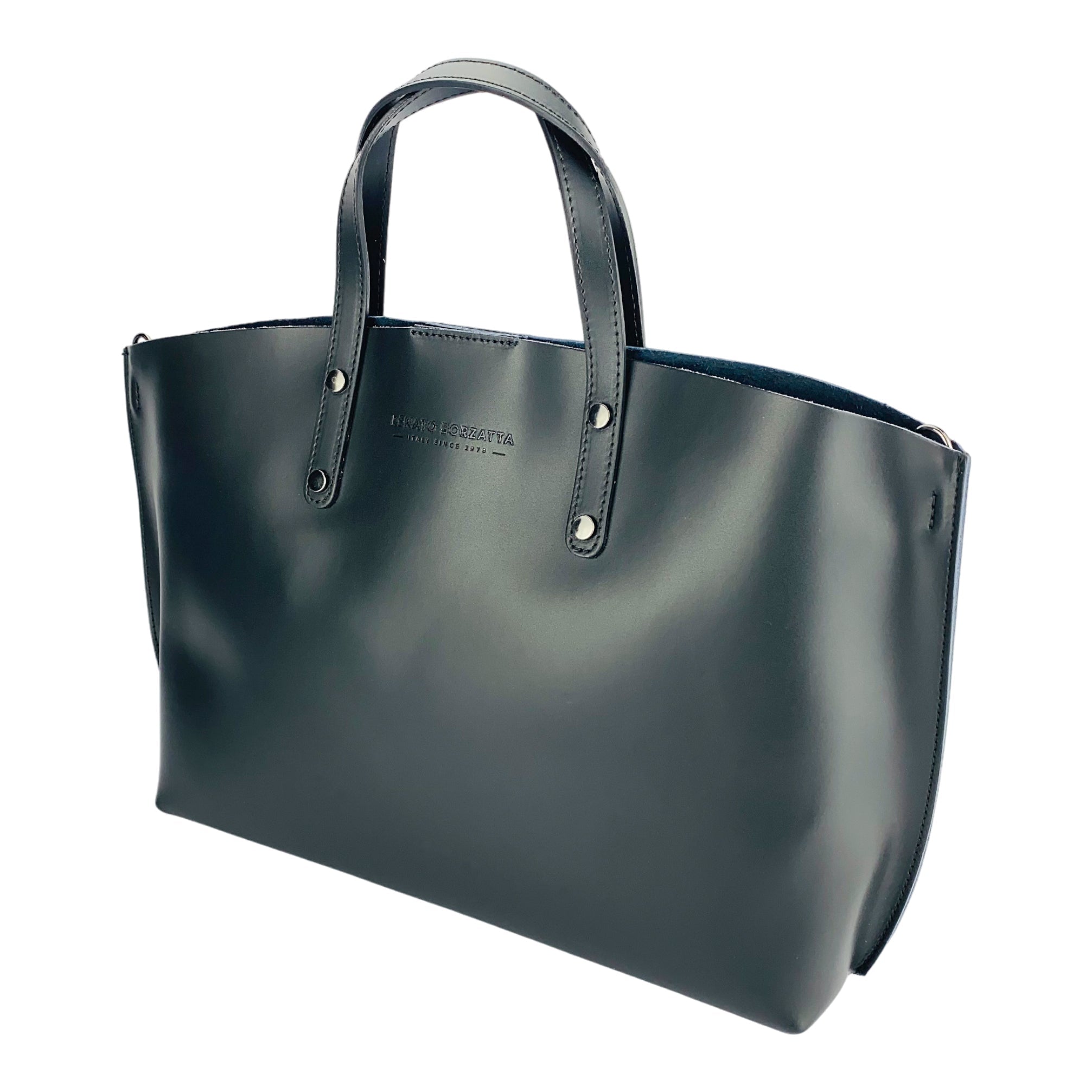 Borsa Donna a Mano in Vera Pelle Made in Italy con tracolla removibile. Sacca grande interna estraibile. Accessori Canna di Fucile Lucido - Colore Nero - Dimensioni: cm 48x31x11