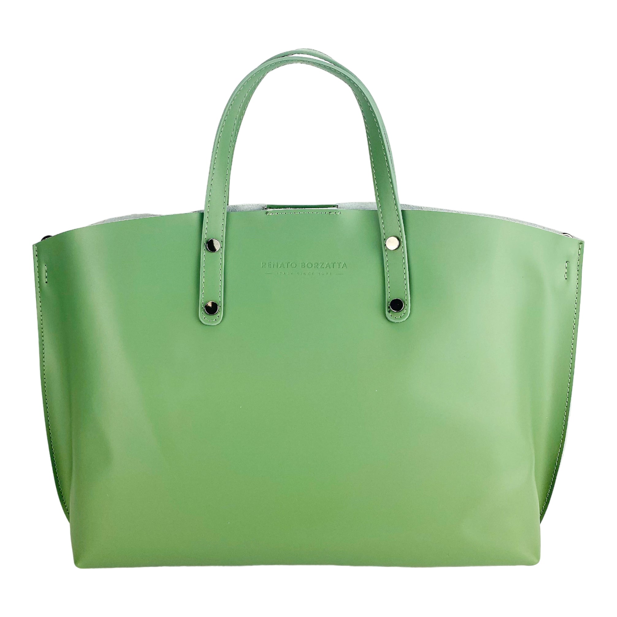 Borsa Donna a Mano in Vera Pelle Made in Italy con tracolla removibile. Sacca grande interna estraibile. Accessori Canna di Fucile Lucido - Colore Menta - Dimensioni: cm 48x31x11