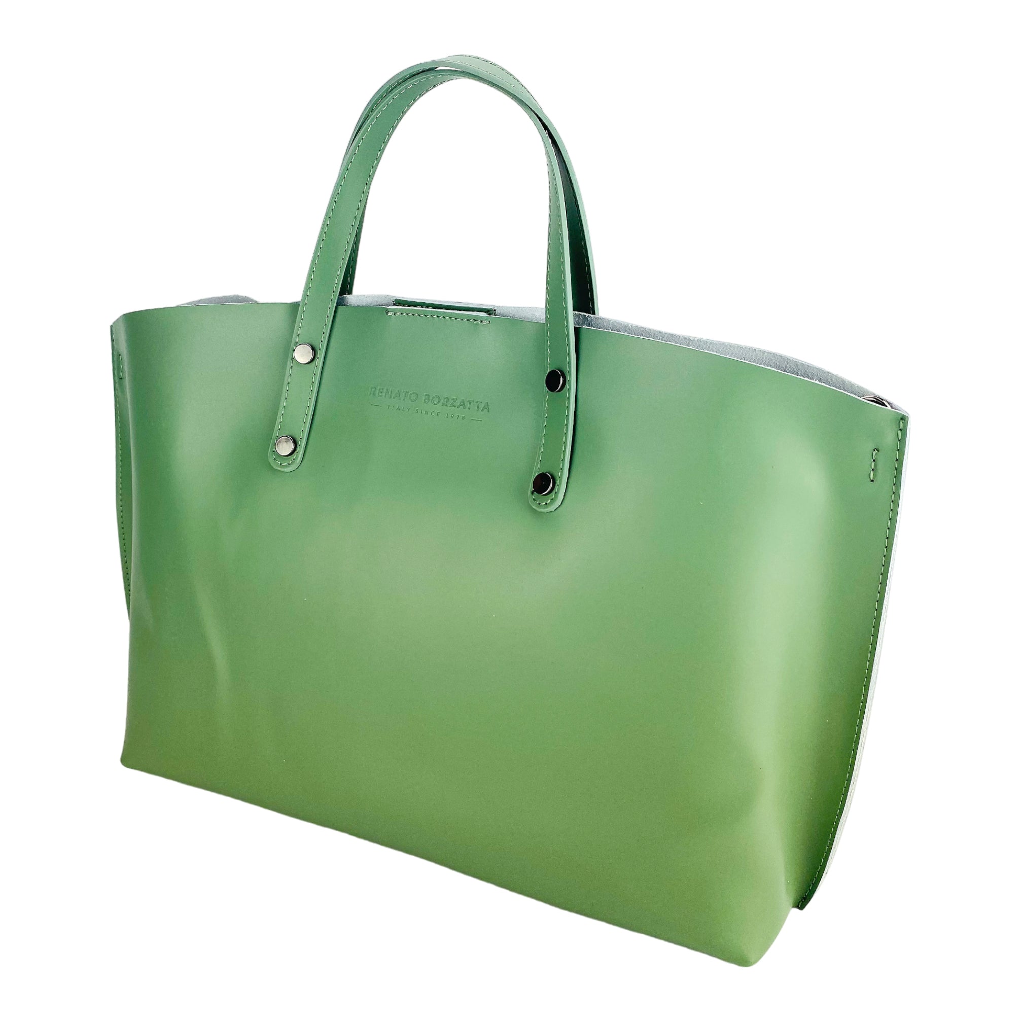Borsa Donna a Mano in Vera Pelle Made in Italy con tracolla removibile. Sacca grande interna estraibile. Accessori Canna di Fucile Lucido - Colore Menta - Dimensioni: cm 48x31x11