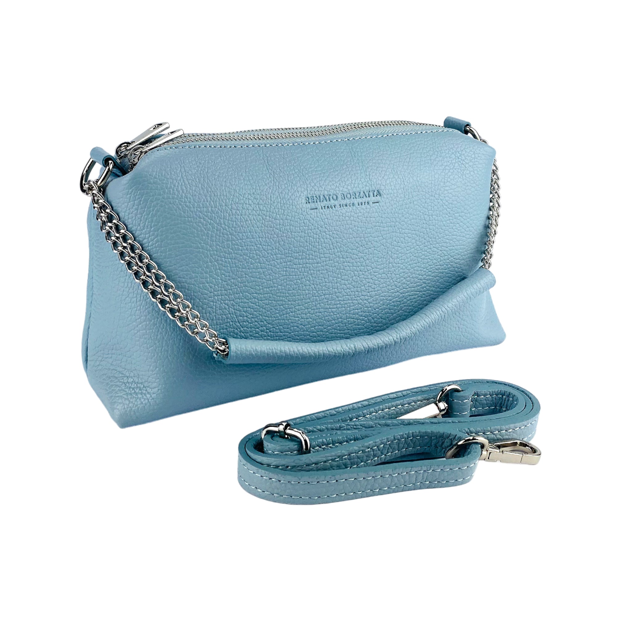 Borsa Donna a Mano con doppia lampo in Vera Pelle Made in Italy. Tracolla in pelle regolabile. Accessori Nickel Lucido - Colore Celeste - Dimensioni: cm 26 x 14 x 9