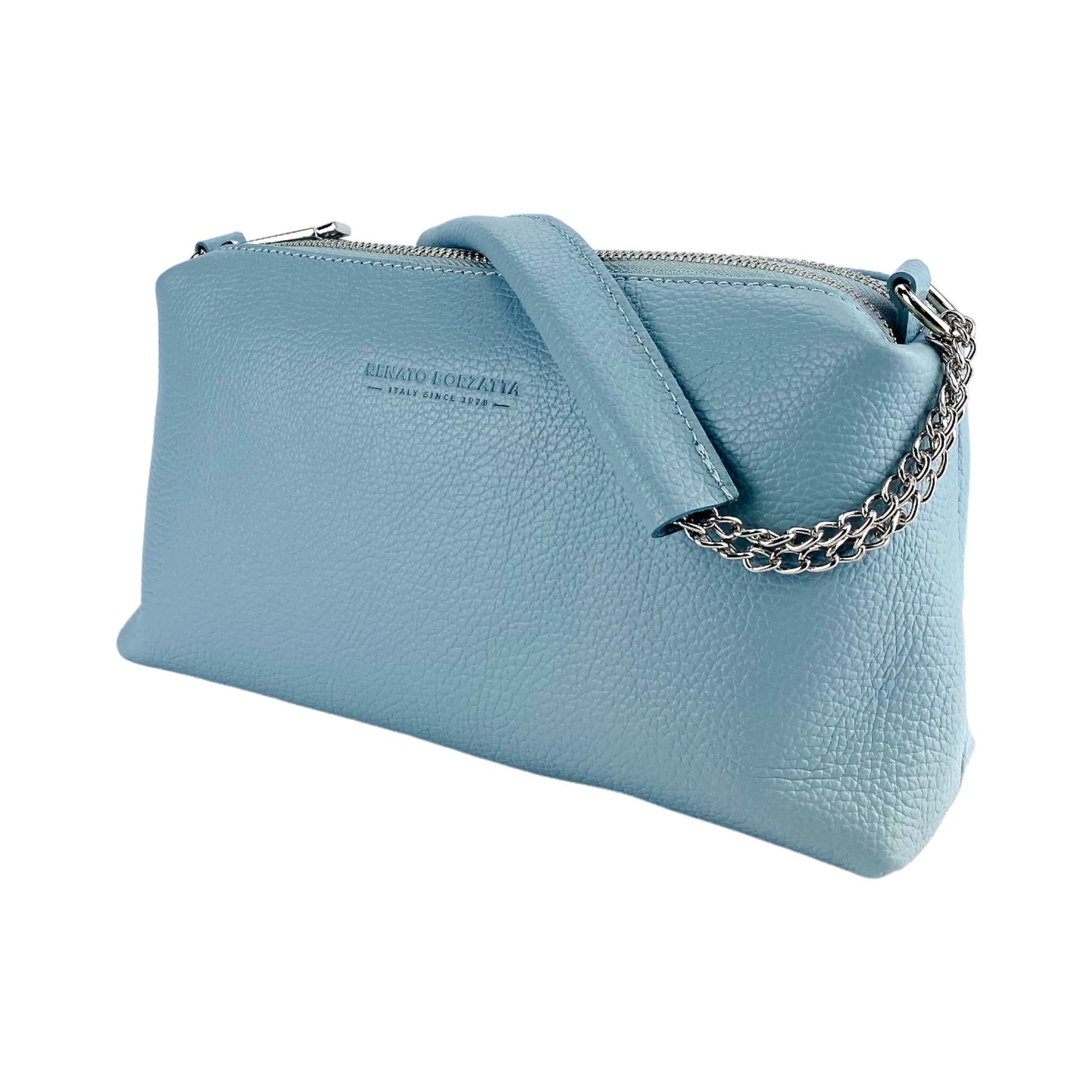 Borsa Donna a Mano con doppia lampo in Vera Pelle Made in Italy. Tracolla in pelle regolabile. Accessori Nickel Lucido - Colore Celeste - Dimensioni: cm 26 x 14 x 9