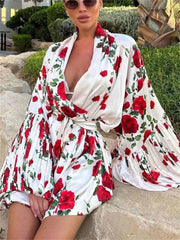 Mini Dress Stampato con Lacci e Maniche Lunghe