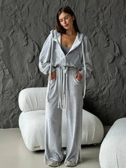 Set 2 Pezzi in Ciniglia con Zip e Pantaloni Wide Leg | Tuta Casual Donna