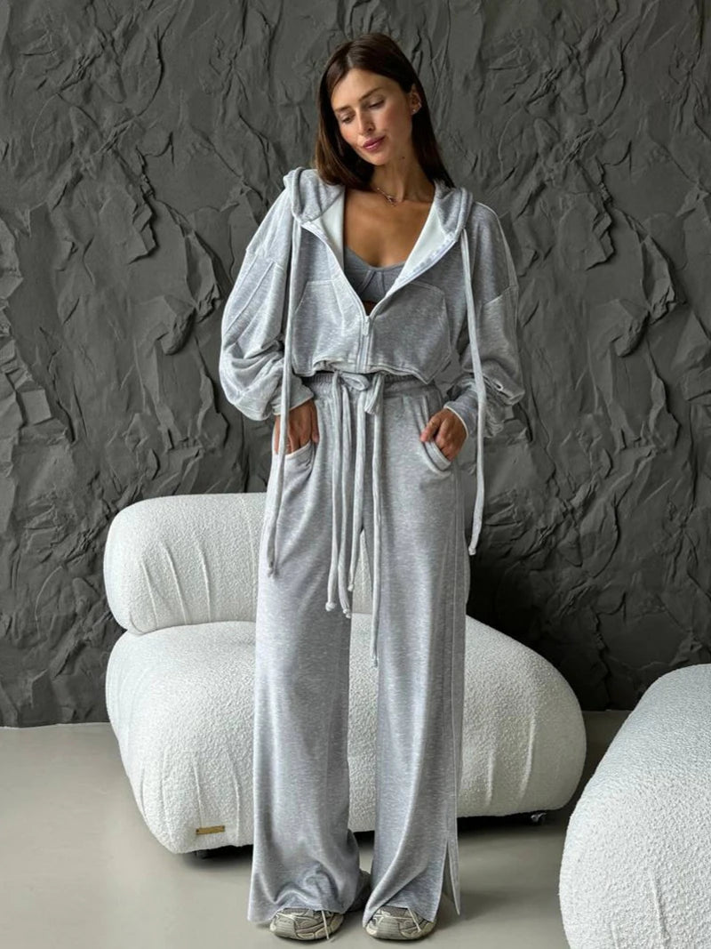 Set 2 Pezzi in Ciniglia con Zip e Pantaloni Wide Leg | Tuta Casual Donna