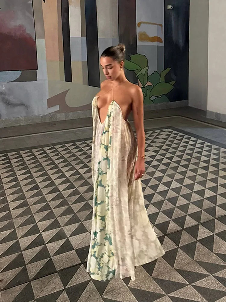 Abito Lungo Schiena Scoperta Halter - Vestito Plissé Estivo Donna