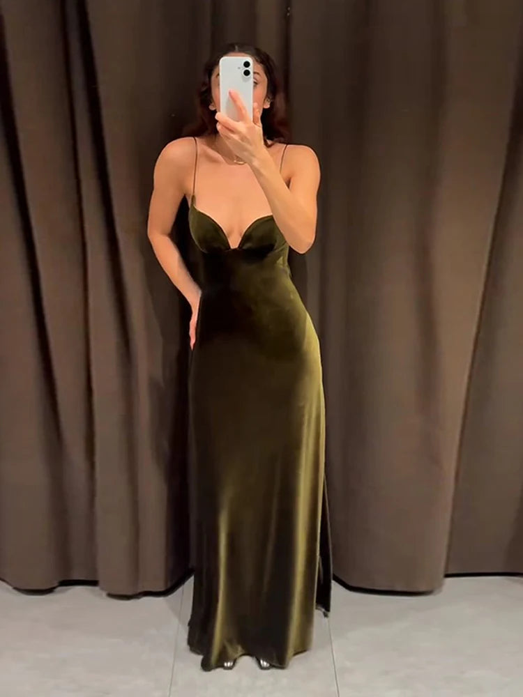 Abito Lungo Donna Velluto Verde Oliva - Scollo V Elegante Matrimonio Cerimonia