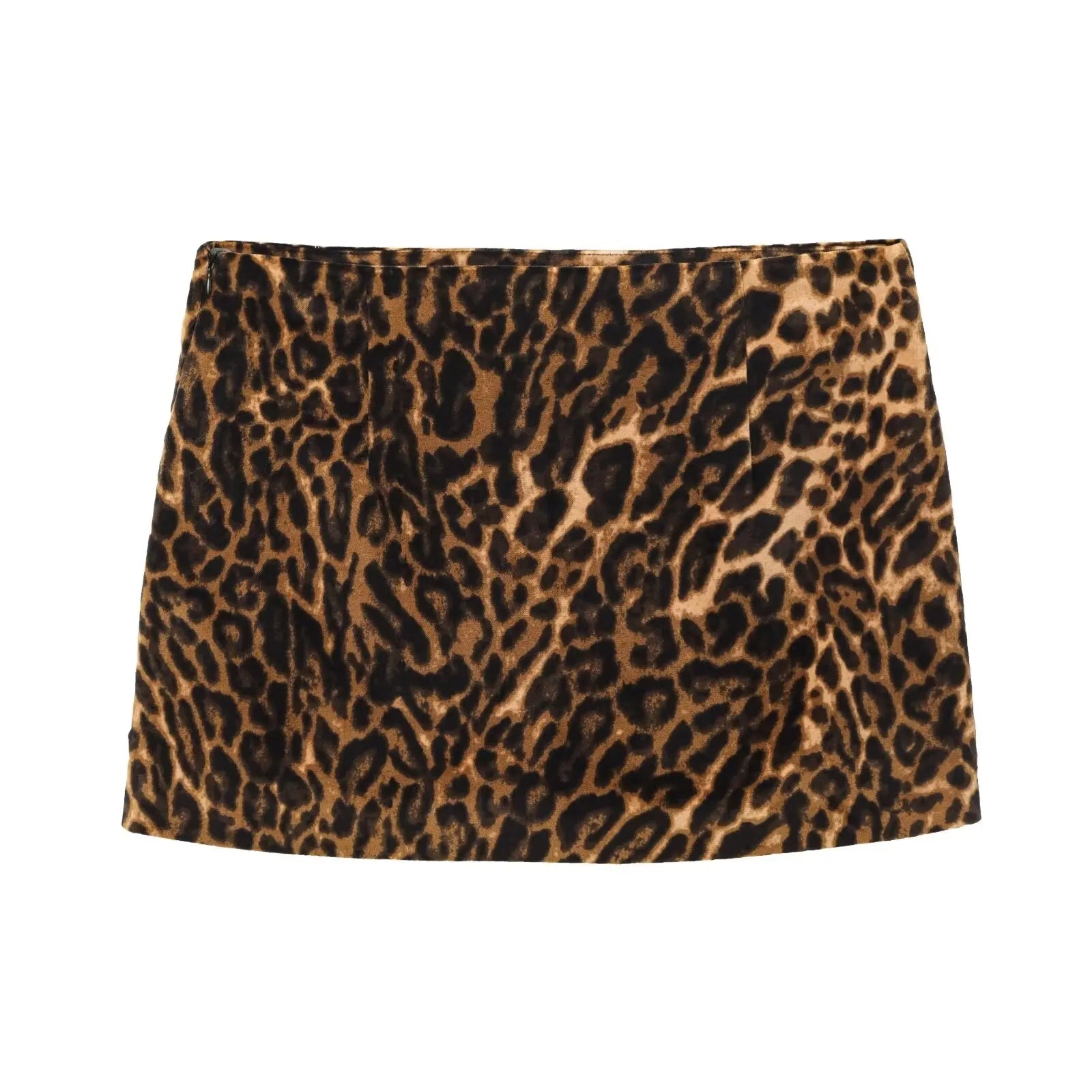Minigonna leopardata con vita elastica in toni arancioni, neri e marroni