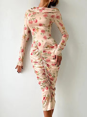 Abito Tubino Floreale a Manica Lunga con Arricciatura Posteriore