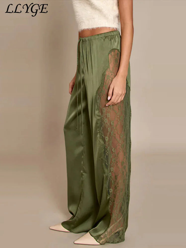 Pantaloni Pizzo e Raso con Lacci - Vita Alta Trasparenti Donna