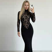 Vestito Lungo Nero con Pizzo - Eleganza Sensuale a Maniche Lunghe