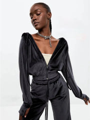 Tuta Sportiva in Velluto Nero con Cappuccio - Completo Lounge Deluxe Y2K