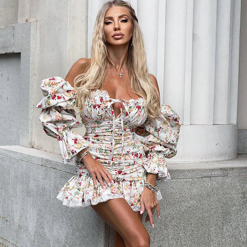 Mini Abito Monospalla con Stampa – Maniche Puff e Vita Alta A-Line