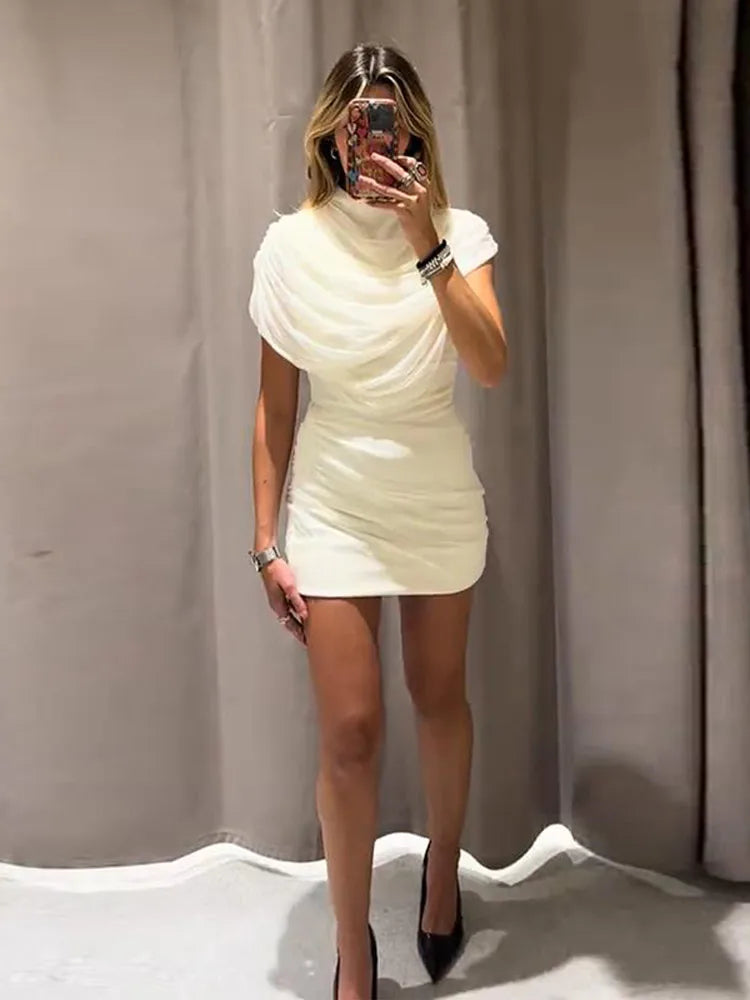Mini Dress Bianco Elegante Bodycon con Collo Alto - Vestito Corto da Cocktail