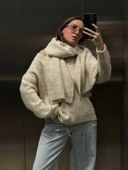 Maglione Donna con Sciarpa Scollo V - Pullover Morbido Loose Fit Autunno Inverno