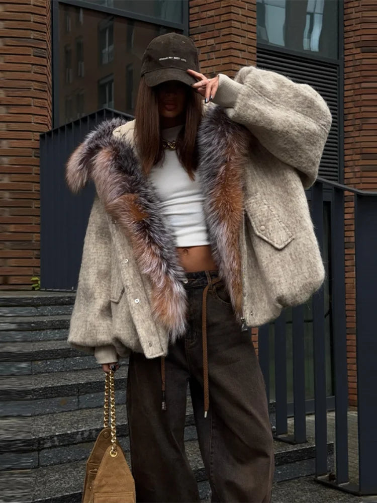 Giacca-Bomber Invernale Oversize con Finiture in Pelliccia