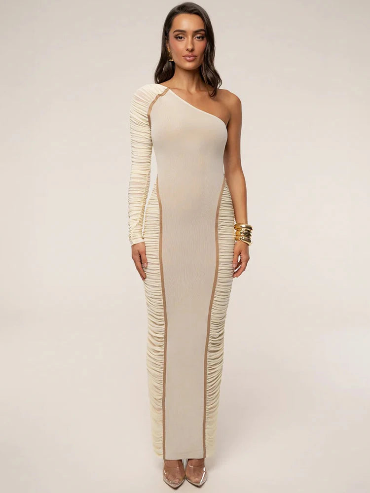 Abito Lungo Monospalla Elegante - Vestito Sera Bodycon con Arricciature