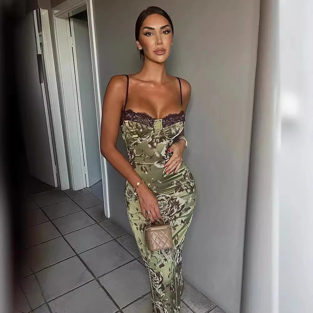 Abito Sottoveste Midi in Raso Floreale Verde con Dettaglio Pizzo - Eleganza Vintage