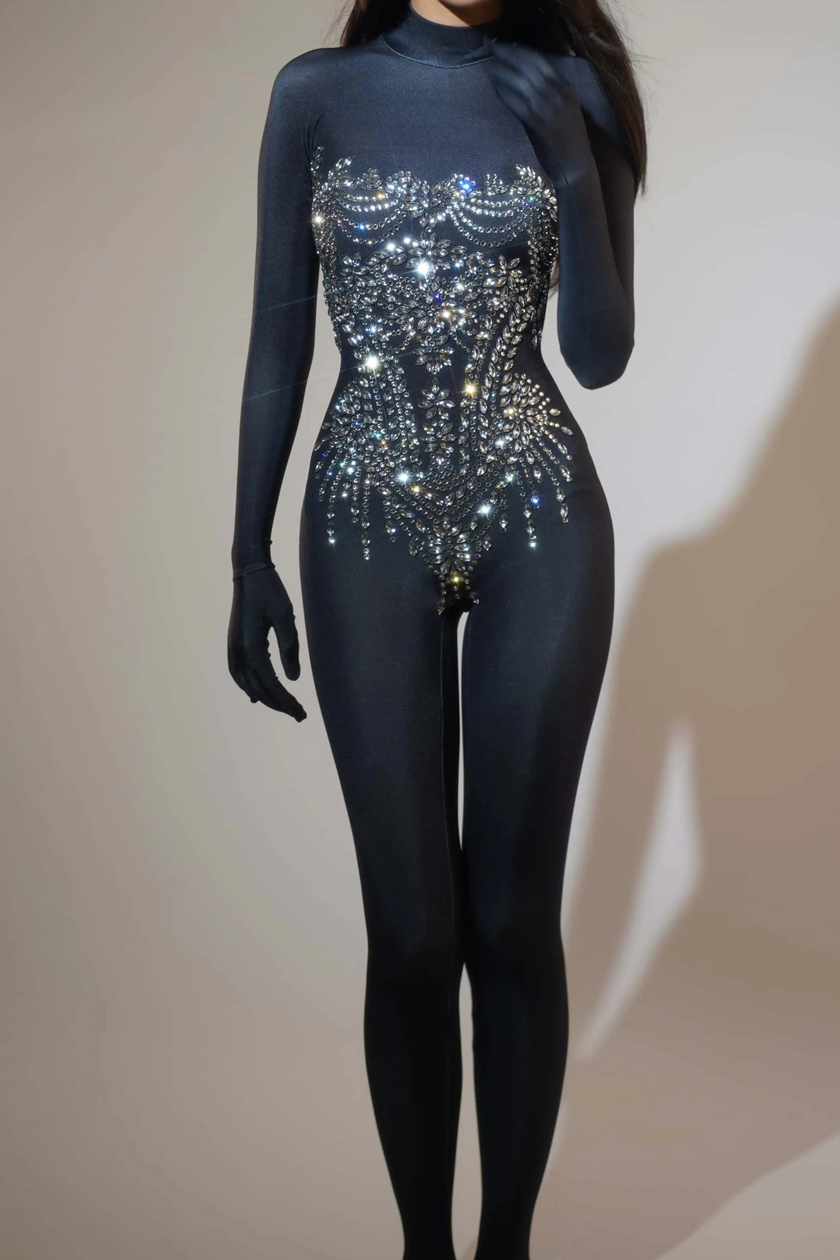 Jumpsuit Nera Donna con Strass - Tuta Elegante Maniche Lunghe Party