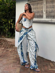 Completo Due Pezzi Floreale - Crop Top Corsetto e Pantaloni Wide Leg