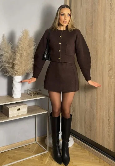 Set Coordinato Donna Maglia e Minigonna - Completo Cardigan Manica Lunga e Gonna Corta Elegante