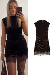 Mini Abito Velluto con Pizzo - Vestito Corto Elegante Senza Maniche Collo Alto