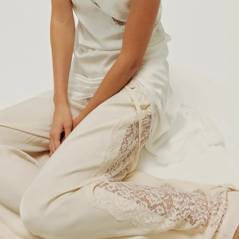 Pantaloni Beachwear Wide Leg con Pizzo Floreale Y2K