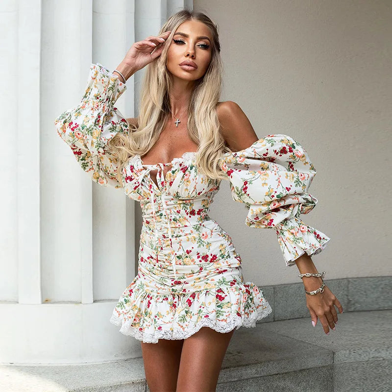 Mini Abito Monospalla con Stampa – Maniche Puff e Vita Alta A-Line