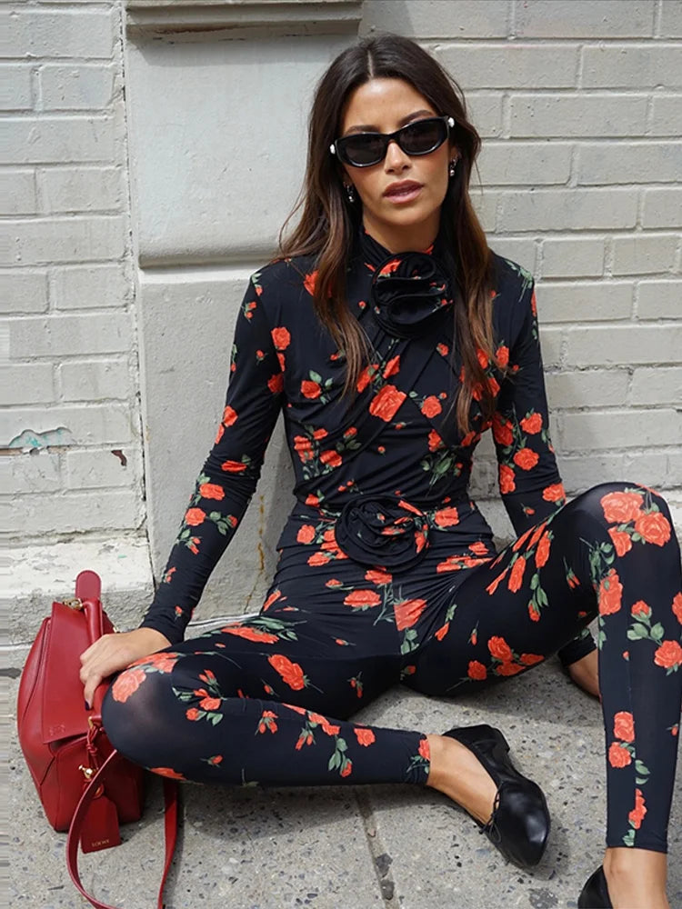 Set di pantaloni da donna con tute e pantaloni a tubino con collo alto e maniche lunghe, motivo floreale 3D, modello Rose