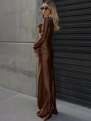 Abito Longuette Satin Bronzo - Scollo Ad Anello e Maniche Lunghe