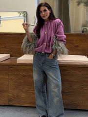 Cardigan Oversize Viola Scuro/Fucsia Elegante in Velluto a Coste con Piume grigie