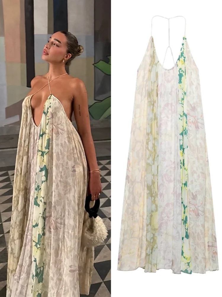 Abito Lungo Schiena Scoperta Halter - Vestito Plissé Estivo Donna