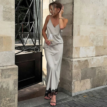Vestito Midi in Raso con Bordo in Pizzo