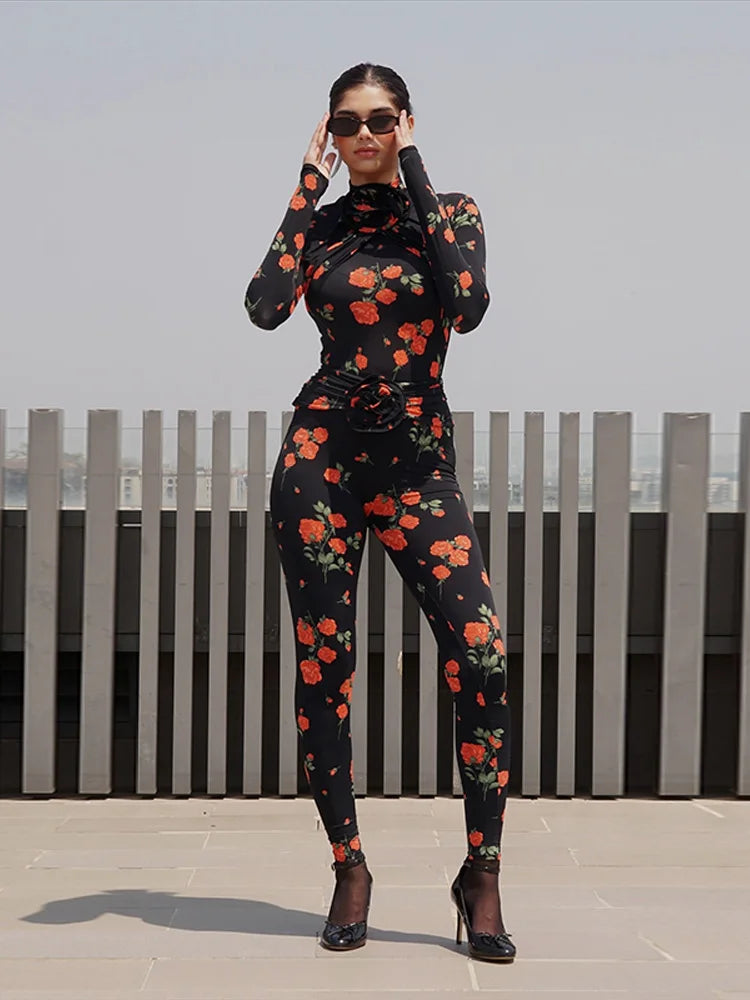 Set di pantaloni da donna con tute e pantaloni a tubino con collo alto e maniche lunghe, motivo floreale 3D, modello Rose