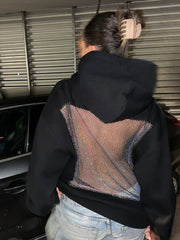 Felpa Oversize Nera con Schiena in Rete e Strass a "X"