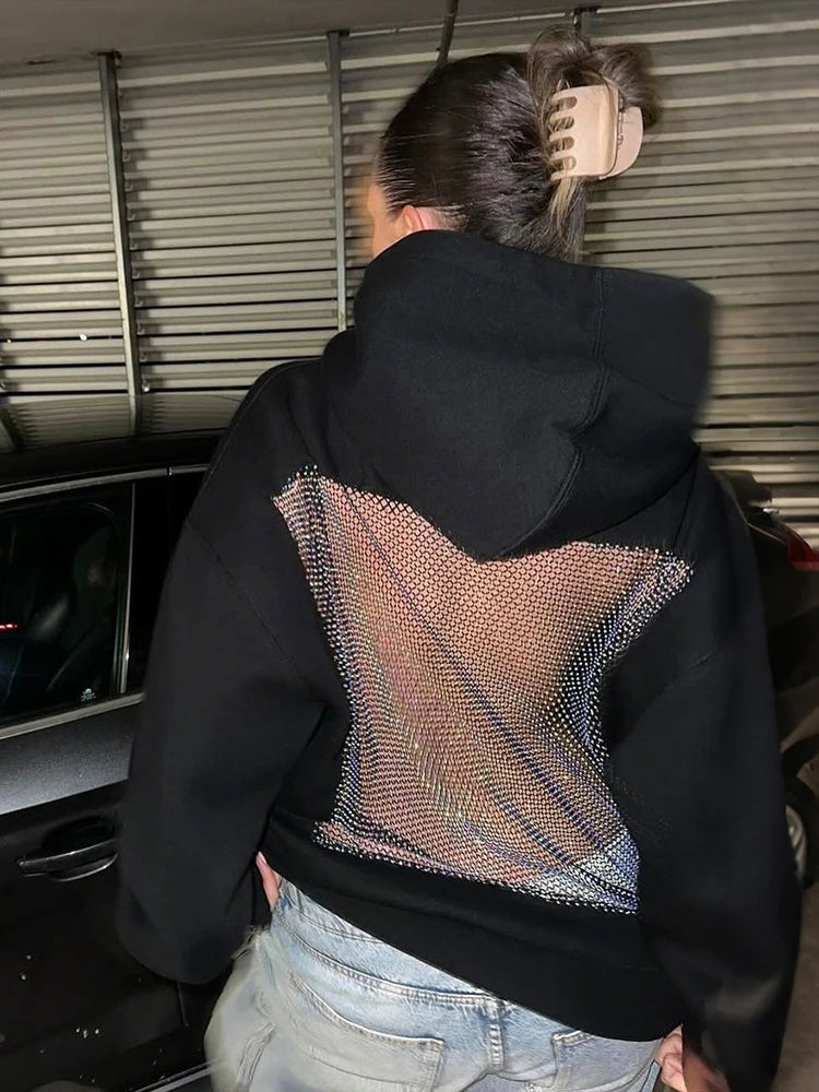 Felpa Oversize Nera con Schiena in Rete e Strass a "X"