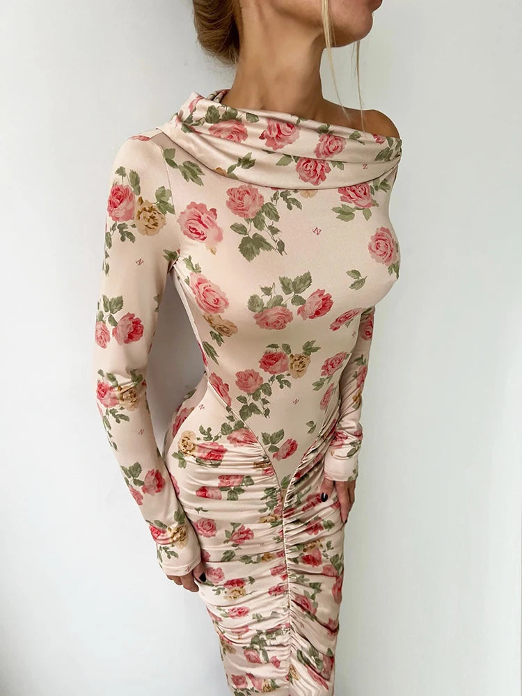 Abito Tubino Floreale a Manica Lunga con Arricciatura Posteriore