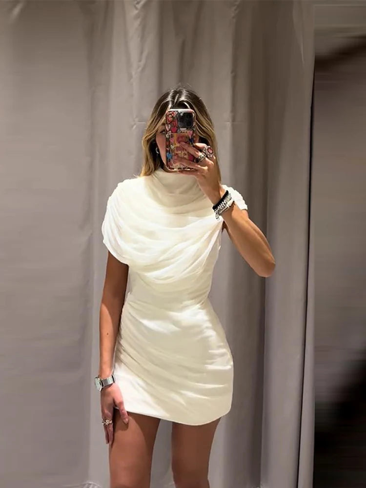 Mini Dress Bianco Elegante Bodycon con Collo Alto - Vestito Corto da Cocktail