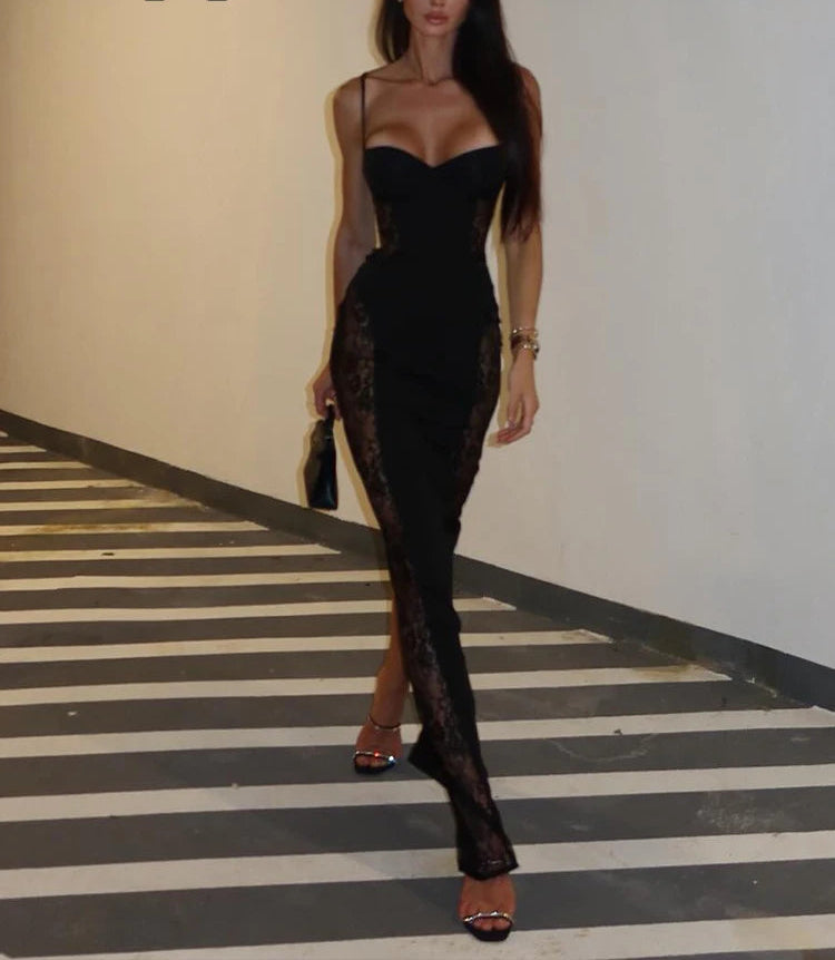 Abito Elegante Nero con Spalline e Pizzo - Mini Dress Aderente Sensuale da Sera