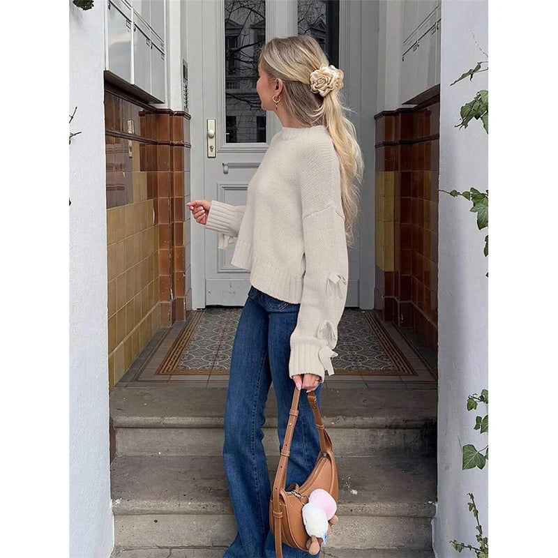 Maglione Donna French Style con Fiocco - Pullover Girocollo Loose Fit Autunno