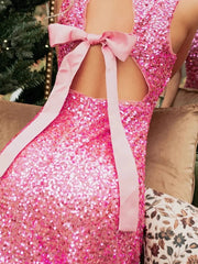 Mini Abito Donna Sparkle Rosa Paillettes con Fiocco - Schiena Scoperta Capodanno Festa
