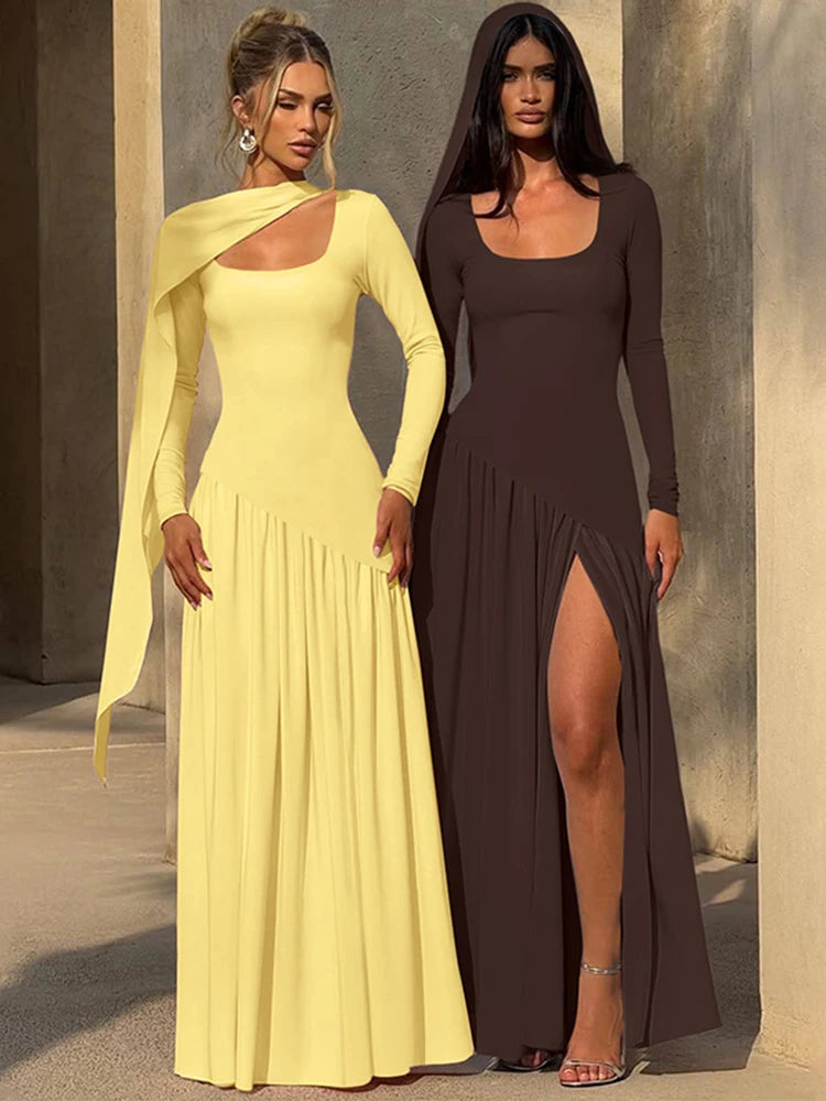 Abito Lungo Plissé con Sciarpa - Vestito Elegante Scollo Quadrato Donna