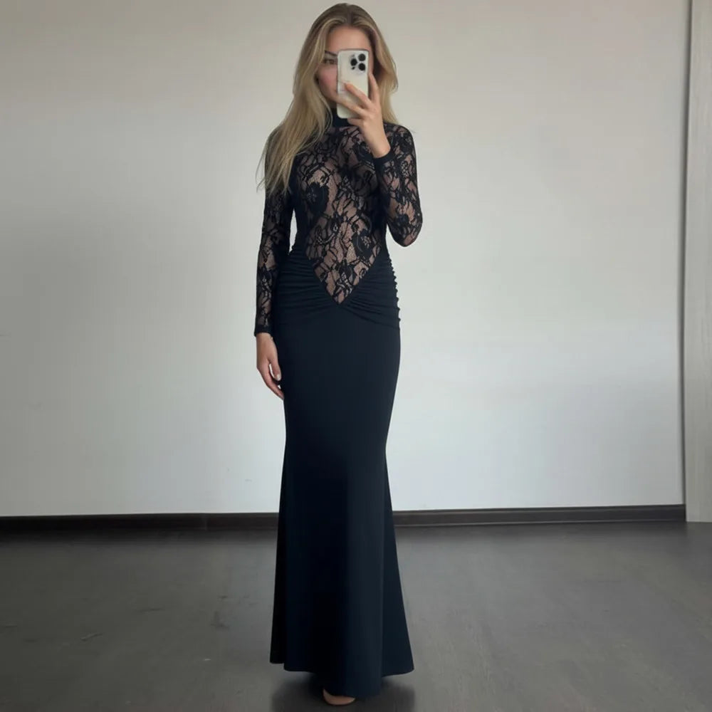 Vestito Lungo Nero con Pizzo - Eleganza Sensuale a Maniche Lunghe