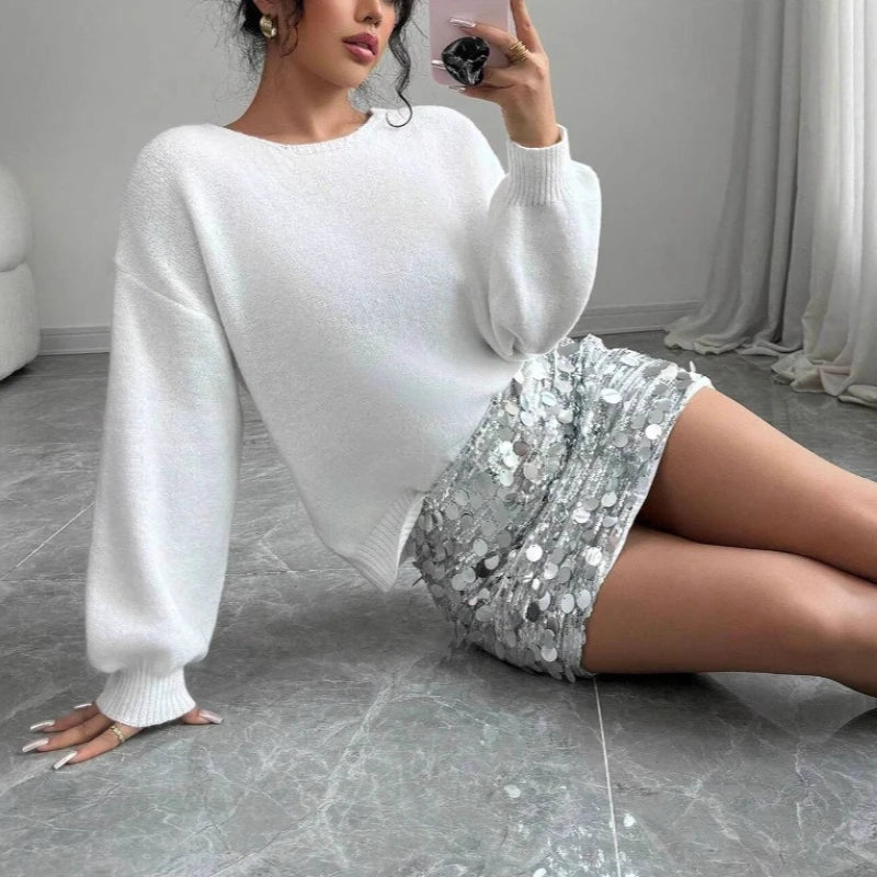 Cardigan Donna con Paillettes e Fiocco - Maglione Scollo V Autunno Inverno