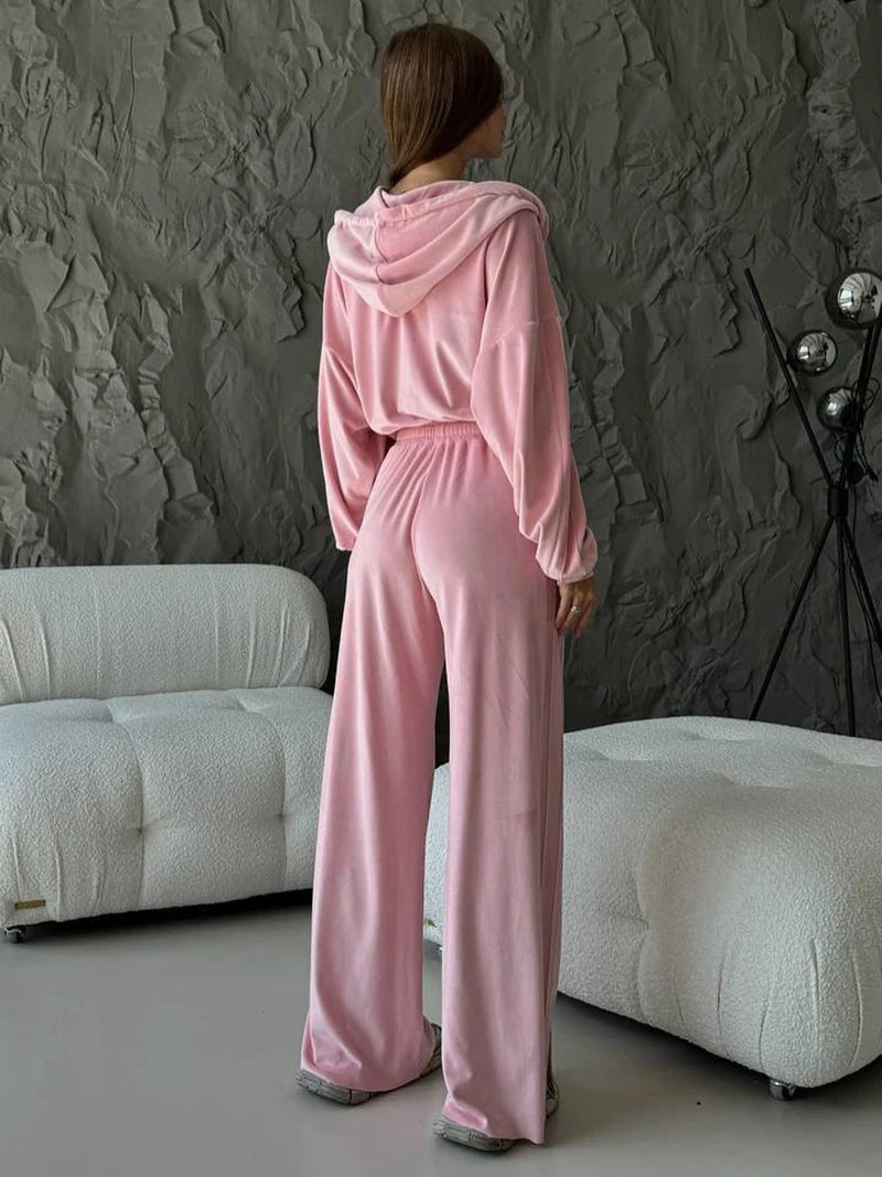 Set 2 Pezzi in Ciniglia con Zip e Pantaloni Wide Leg | Tuta Casual Donna