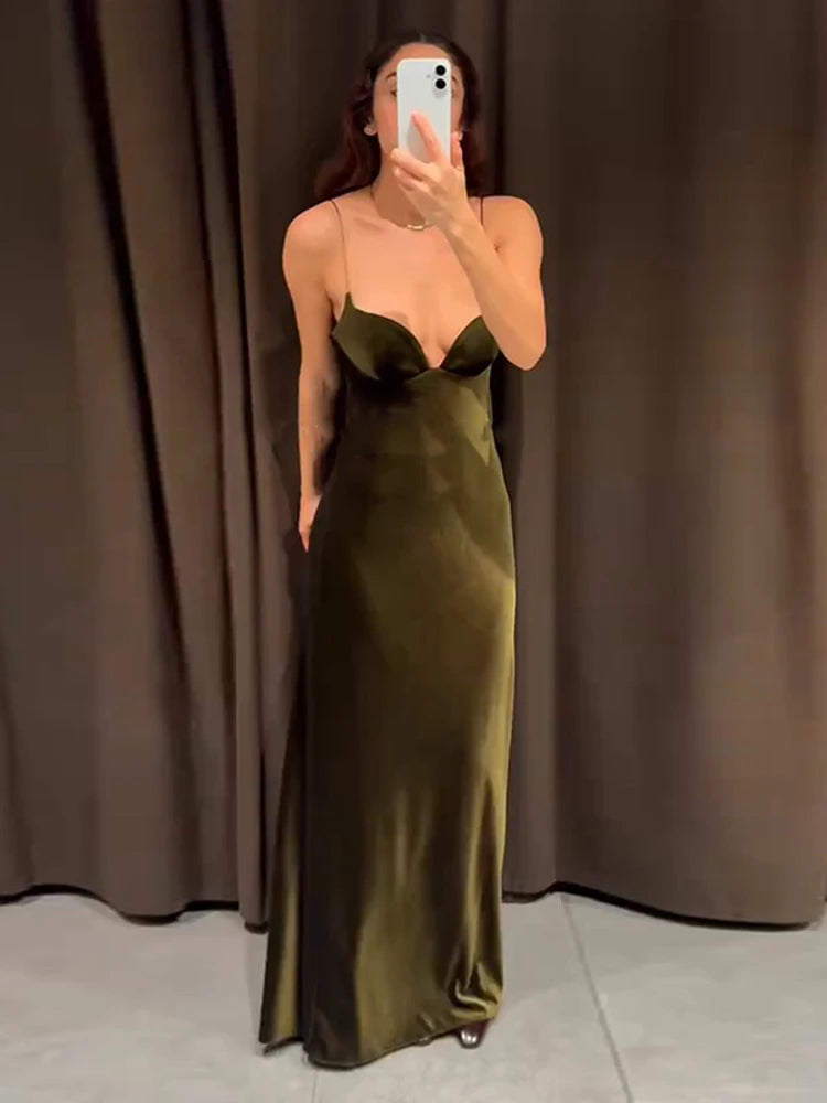 Abito Lungo Donna Velluto Verde Oliva - Scollo V Elegante Matrimonio Cerimonia